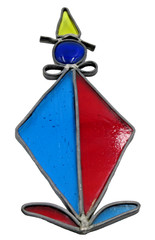 VTG XL BIG 8″ WELDED STAINED GLASS CIRCUS CLOWN BLU RED YELLOW Silver tone metal