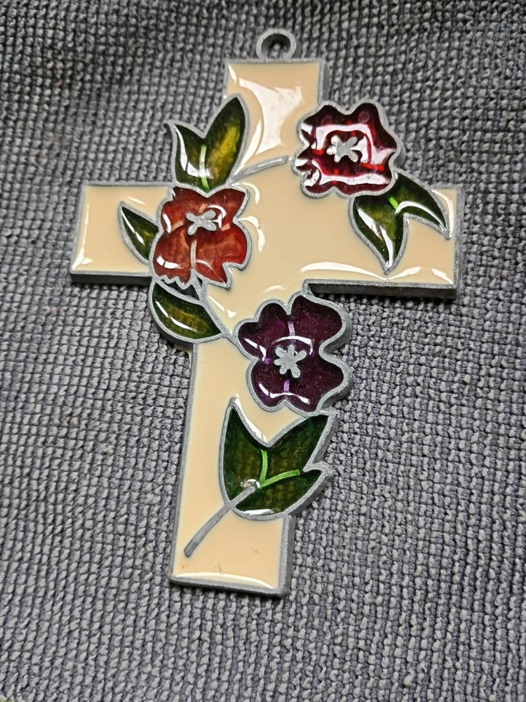 Vintage Cross With Flowers Floral Stained Glass Look Acrylic Suncatcher 4″