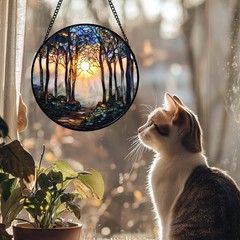 Stained Glass Suncatcher, Forest Sunrise Tree Design for Home Decor, 7.8 in