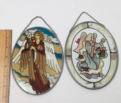 Stained Glass Suncatcher Lot of 2 Oval Hand Painted Angels Religious 7” X 5.25”