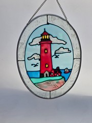 Stained Glass Beach lighthouse Oval Suncatcher Window Wall Decor 7×5.5″