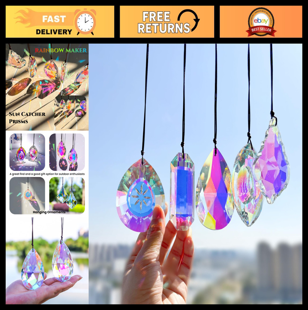 5Pcs 3″ Crystal Sun Catcher Prisms – AB Colored Hanging Suncatchers for Windows