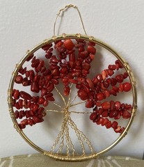 Tree Of Life Suncatcher Ornament Coral Beaded Red Coral 4” Gold Tone