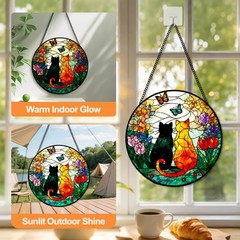 “Stained Glass Cat Sun Catcher with Wildflowers and Butterflies – 7.8 in Decor”
