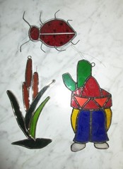 3 Vintage Handmade Stained Glass Suncatchers – Lady Bug, Man Cactus, Cattail