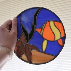 Handmade Blue Orange Tropical Starfish Ocean Fish Mosaic Suncatcher Window Decor