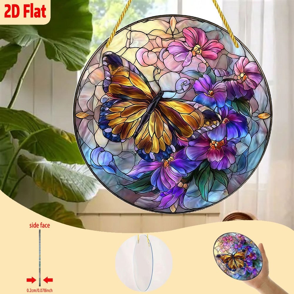 Vintage Butterfly Floral Round Acrylic Suncatcher Window Home Holiday Decor Gift