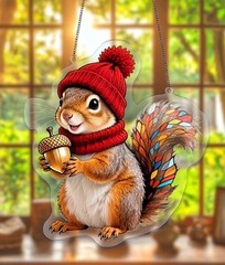 2D Flat Acrylic WINTER SQUIRRELL Window Hanging Sun catcher 7.8″