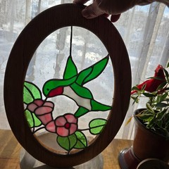 Vintage Stained Glass Hummingbird & Flower Decor Oval 14″ X 10″ X 1″ Thick Wood