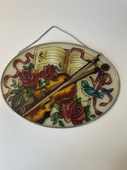 Vintage Joan Baker Art Glass Winter Suncatcher Roses Violin Music Book