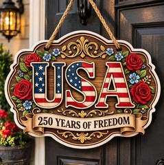 America 250th Anniversary Printed Wall Sign with Rope Patriotic Decor Home