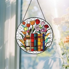 Flower Book Stained Glass Window Hanging 9.8” Sun Catcher for Home Decor
