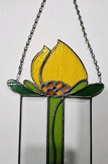 Vtg Large Stained Glass Yellow Tulip with Green Leaves and Clear Beveled Glass