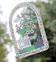 Printed Floral Gazebo Scenery on Glass, 3.5″ tall x 2″ Window Suncatcher
