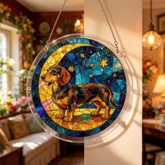 Vintage Moon Star Dachshund Round Acrylic Puzzle Suncatcher Housewarming Decor