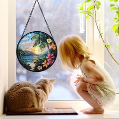 DASTOLL Stained Glass Window Hanging, Colorful Landscape Suncatcher for Doors Ho
