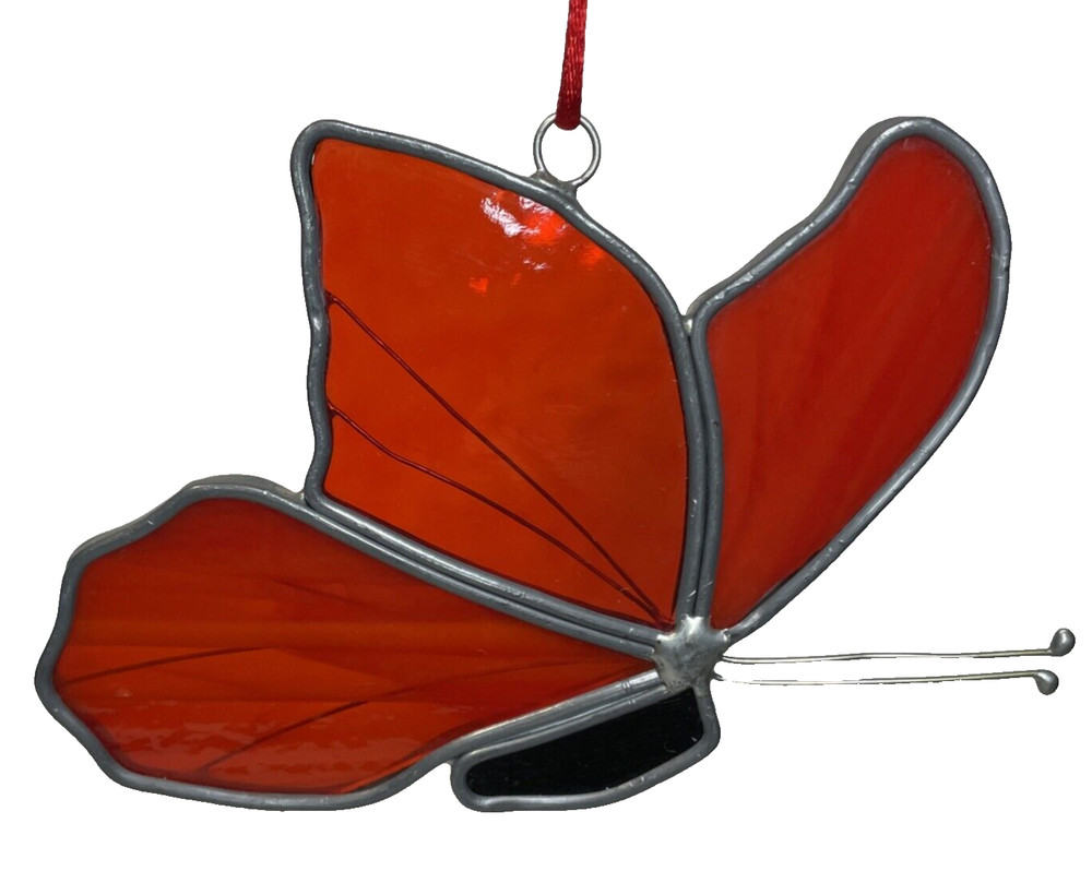 Stained Glass Red Butterfly Suncatcher Black Body Window Wall Decor READ