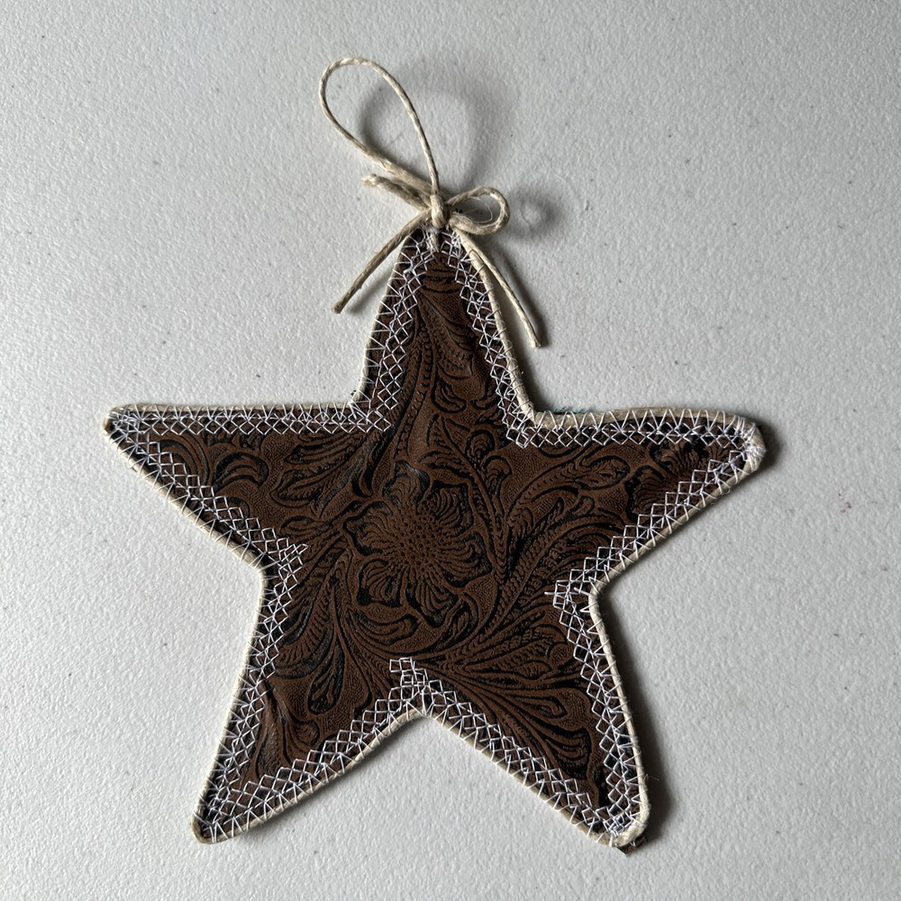 Western Tooled Suede Star Primitive – Cowboy Decor – Handmade 7″