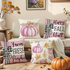 Farm Home Decor Pillow Covers Designed With Pink Pumpkin And Autumn Leaves