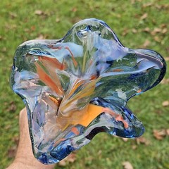 Hand-Blown Art Glass Blue Trumpet Flower Orange Accent Suncatcher w Damaged Stem