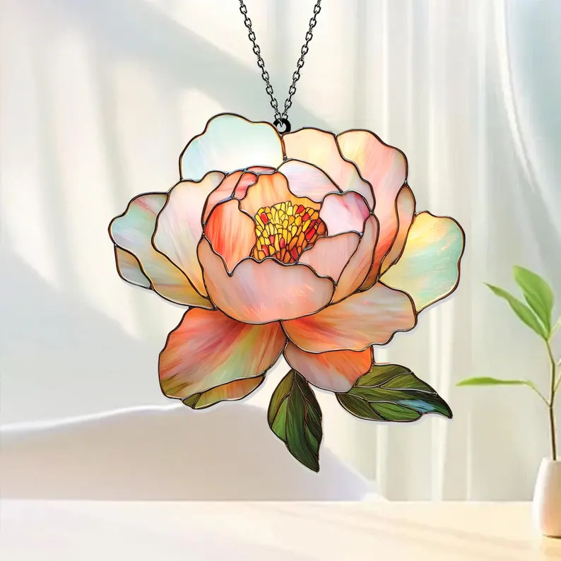 Light Pink Peony Flower Suncatcher Acrylic Window Decor Gift
