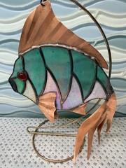 Vintage Stained Glass Rainbow Fish Suncatcher Dichroic Green/Pink w/Copper Fins