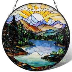 Sunset Mountains Lake Stained Glass Suncatcher – Indoor Window Decor Gift