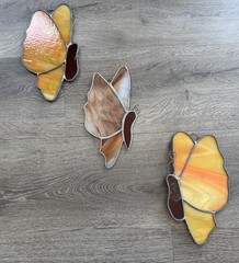 Vintage HIPPIE Boho MCM Stained Glass Butterfly AMBER Suncatcher Set Of 3 🦋9”