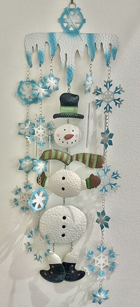 Snowman Hanging Windchime White Blue Christmas Winter Holiday Metal Cottagecore