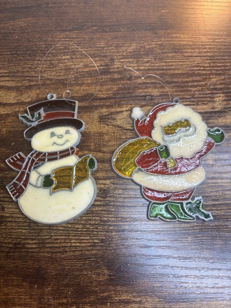 Vintage Stained Glass Sun Catcher Window Christmas Santa Snowman Hong Kong-READ
