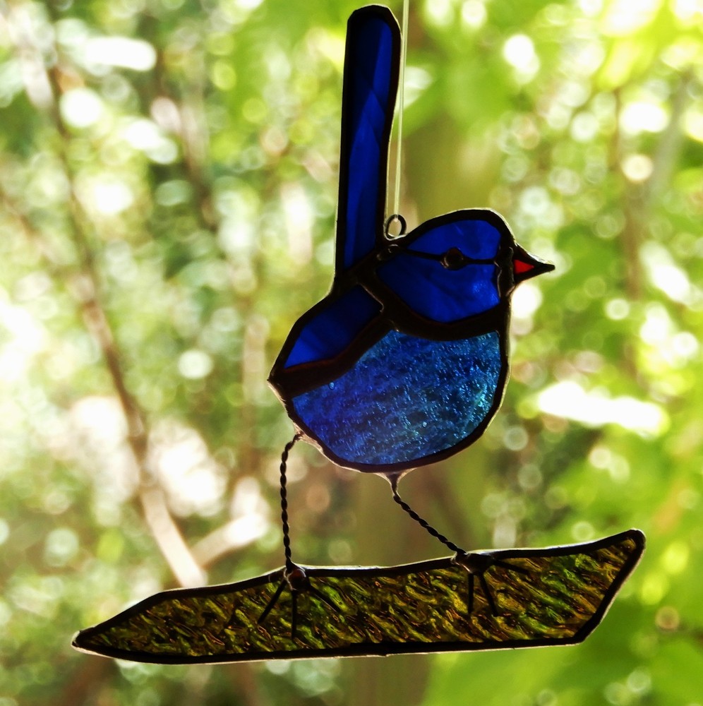 Stained Glass BLUE FAIRY WREN Hand Crafted Bird Suncatcher – Siskin Light Studio