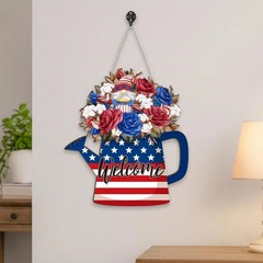 Patriotic Watering Can Door Hanger Wooden Sign with Rope