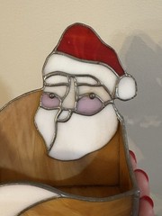 Stained Glass Metal Santa Face Christmas Box Planter Card Holder Candle Vtg