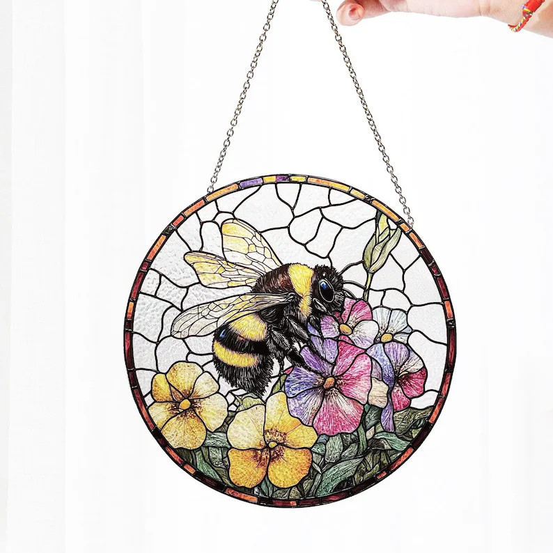 Bee Pollinating Flowers Suncatcher Honey Bee Window Hanging Beekeeper Gift