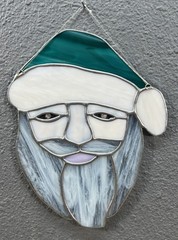 Stained Glass Santa Clause Face Green Hat Suncatcher 9 x 7”