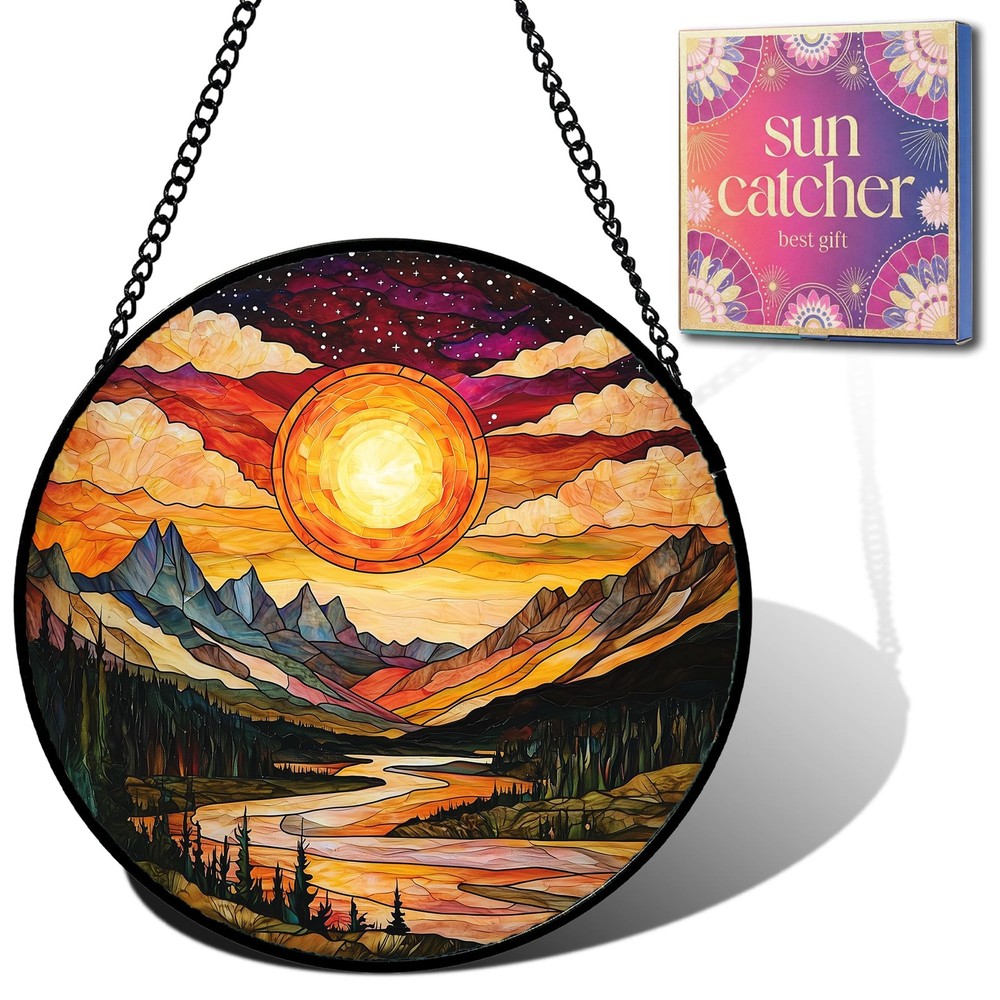 “Sun Catcher Window Hanging – Sunset Mountains River Acrylic Decor for Gifts”