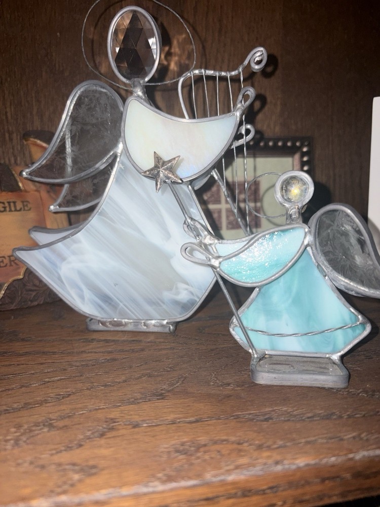 2 Vintage Handmade Leaded Stained Glass Angels Blue Hymn Book Pink Harp