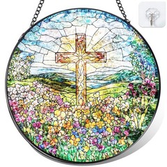 “Stained Glass Cross Suncatcher Christian Window Decor & Garden Art 8 inch”