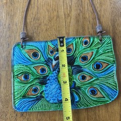 Glass Peacock Window/ Wall Decor Hanging Leather Strap Vibrant Blue Green Orange