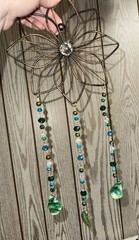 Bronze Metal Floral Hanging Suncatcher/Mobile w/ Green Blue Clear Glass Beads