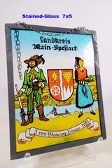 German Stained Glass Suncatcher Vintage 1981 Spessart Souvenir 7×5 Hiker Hunter