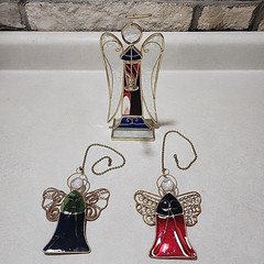 Vtg Stained Glass Angel Suncatcher Ornaments Golden Halos 1.Musical Instrument