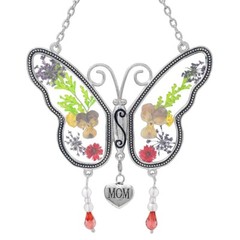 Mother Butterfly Suncatcher with Mom Heart Charm and Pressed Flower Wings #2419