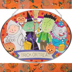 Trick or Treating Kids Halloween Art Glass Suncatcher by Joan Baker 7″ x 5.25″