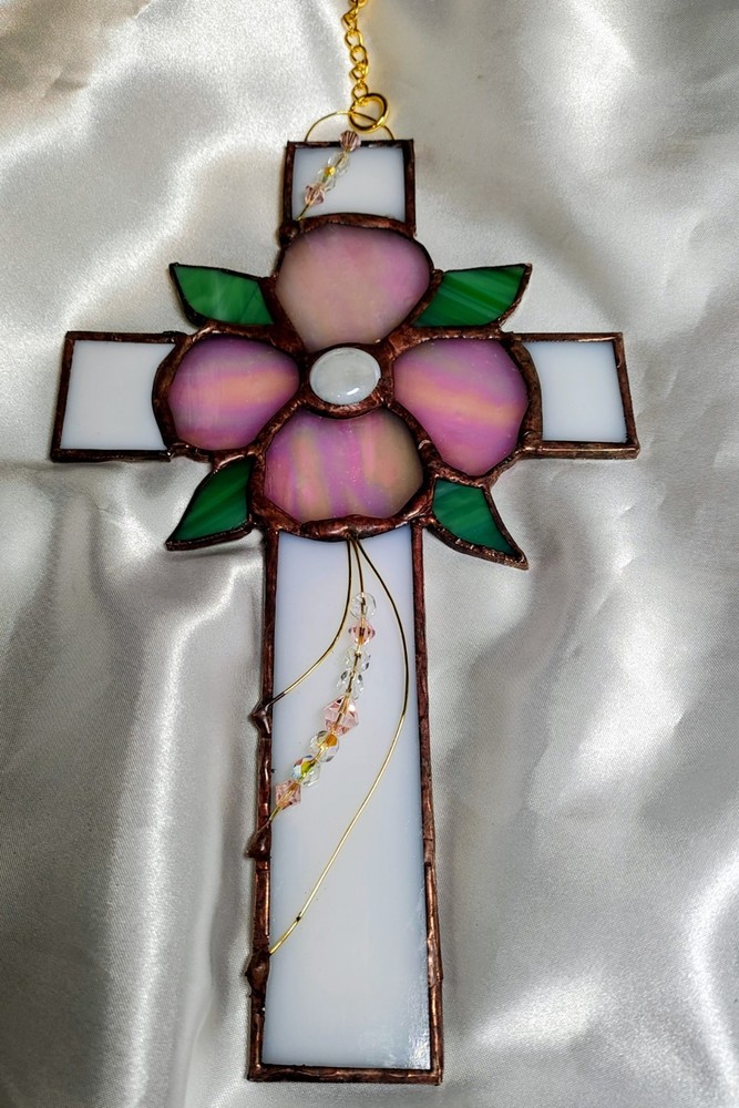 Stained Glass Cross With Dogwood Flower Measures 9 X 5.5