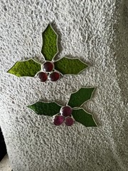 Lot Of Two Stained Glass Holly Leaves Sun Catchers