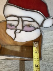 Stained Glass Metal Santa Face Christmas Box Planter Card Holder Candle Vtg