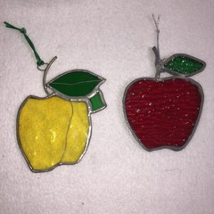 2 Vintage Stained Glass Window Decorations Sun Catchers Yellow & Red Apples
