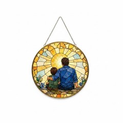 Father And Son Sunset Stained Glass Suncatcher, Fatherhood Keepsake Glass Panel