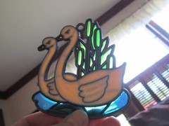 Two Swans In Love Vintage Stained Glass Sun Catcher Window Hanging Cattails 3″